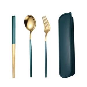 Tragbares Edelstahl Besteckset mit Stäbchen Löffel Gabel und Aufbewahrungsbox für Reisen.