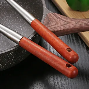 Stainless steel cooking spatula with long wooden handle for home kitchen daily use