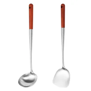 Long handle stainless steel kitchen spatula and soup ladle set with wooden handle for cooking.