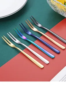 Stainless steel fruit fork detail, colorful small dessert fork set for cake and salad use.