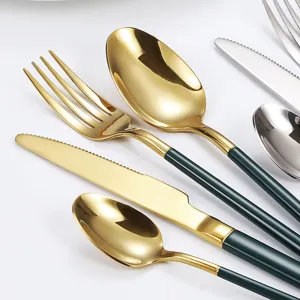 Set di posate in acciaio inossidabile 304 lucido con manici verdi, posate d'oro di lusso.