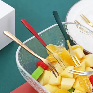 Stainless steel fruit forks set, colorful handle dessert forks for cake and salad.