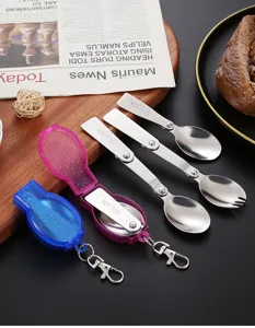 Closeup of portable stainless steel folding spoon and fork in glitter keychain case detail
