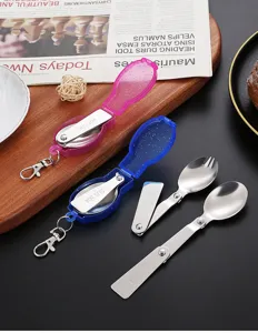 Detail view of portable stainless steel folding spoon and fork set with colorful plastic case.