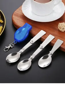 Stainless steel folding spoon portable travel outdoor tableware mini cutlery set detail view