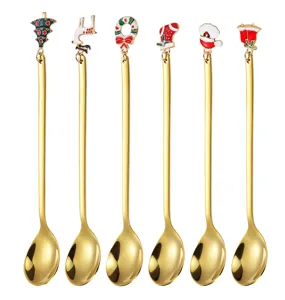Weihnachten Edelstahl Gold dekorative Löffel Set, 6 Stück mit süßen Feiertag Anhängern.
