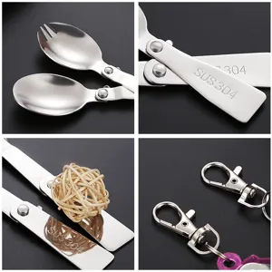 Portable folding stainless steel spork and spoon set for outdoor travel and camping.