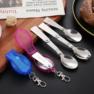Portable 304 stainless steel folding spoon travel tableware with glitter case keychain.