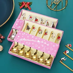 Weihnachten Edelstahl Löffel Set Kreativer Anhänger Kaffee Dessert Löffel Weihnachtsmann Baum Elch Design Festliches Geschirr