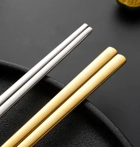 Palillos planos de acero inoxidable estilo coreano oro plata vajilla metal detalle