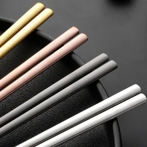 Set de palillos planos de acero inoxidable, vajilla estilo coreano de metal, oro plata negro.