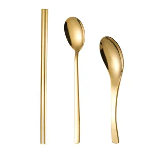 Juego de cubiertos coreanos de acero inoxidable dorados palillos planos y cucharas