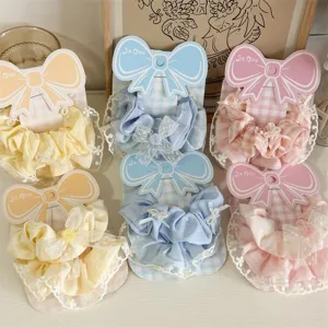 Sweet Fabric Plaid Scrunchie With Lace Edge Bow Artificial Pearl Decoration Hair Tie For Women Girls Student Styling Accessory