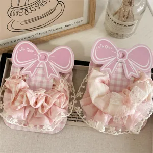 Sweet pink plaid scrunchies with lace trim, cute bow hair rope for sweet girls daily styling.