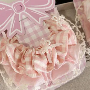 Sweet plaid fabric hair scrunchie with lace edge and pearl bow, soft Korean hair tie accessory.