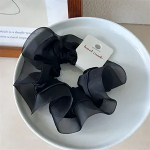Schwarzer Satin Haargummi im koreanischen Stil, elegantes einfaches Haarband fuer Damen.