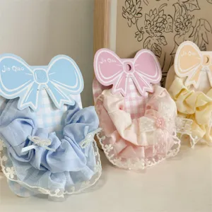 Sweet Korean plaid hair scrunchies with cute lace ruffles and bow display cards for women.
