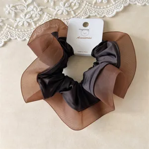 Braune Satin Organza Haargummi große elastische Haarschleife süßes Haarschmuck für Frauen