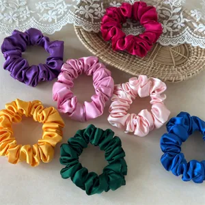 Satin hair scrunchies set featuring vibrant assorted colors, soft fabric and high elasticity.