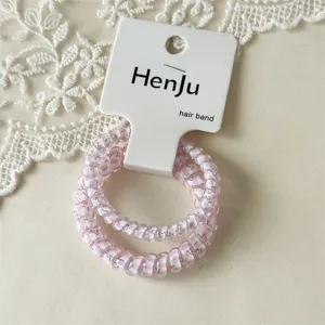 Close-up of pink phone cord hair ties with cute pattern on card and delicate white lace.