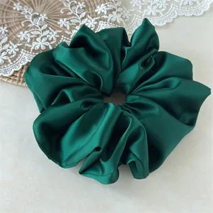 Dark green satin hair scrunchie large elastic ponytail holder vintage silk hair accessory