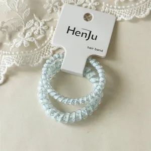 Transparent blue telephone wire hair bands with card, seamless coil hair ties for daily wear.