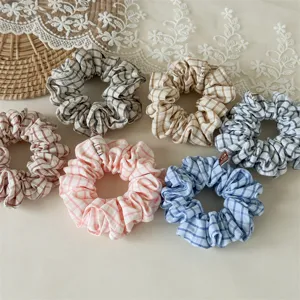 Chouchous à carreaux style vintage français élastiques pour cheveux femmes accessoires chics.