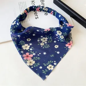 Floral chiffon triangle hair scarf with elastic band, cute blue bandana for women.