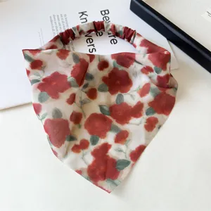 Floral chiffon triangle hair scarf with elastic band vintage head wrap for women fashion accessory