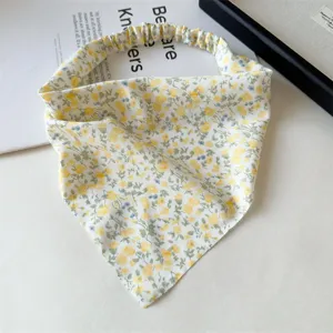 Chiffon floral print headband detail, elastic band hair scarf, elegant spring hair accessory.