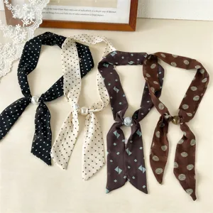 Retro Polka Dot Scarf Necklace For Women Elegant Chiffon Long Ribbon Scarf With Pearl Bead Drawstring Fashion Jewelry
