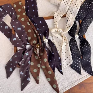 Korean style vintage narrow silk scarf with pearl buckle elegant neckerchief for women