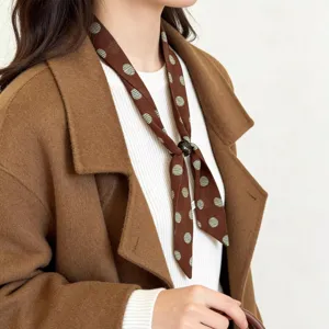 Korean vintage narrow long silk scarf with decorative bead buckle stylish necktie accessory