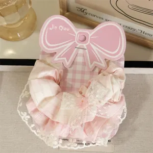 Sweet pink plaid hair scrunchie with lace trim and cute bow card detail for women and girls