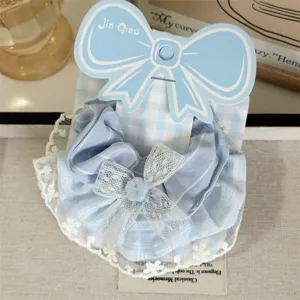 Sweet blue plaid hair scrunchie with lace trim and bow card package for stylish daily wear.