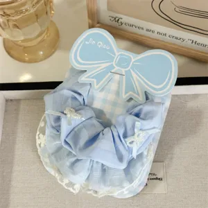 Sweet blue plaid hair scrunchie with lace trim and pearls korean style cute ponytail hair accessory