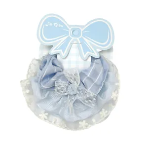 Sweet blue plaid scrunchie with delicate lace trim, soft hair tie on cute bow packaging card.