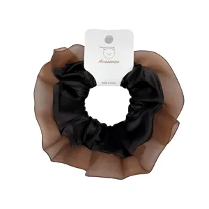 Elegantes schwarzes Satin- und braunes Organza-Haargummi mit Etikett fuer Damen