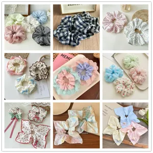 Sweet Korean Style Floral Checkered Lace Bow Scrunchies For Women Daily Hair Ties Hair Accessories Cute Ponytail Holder