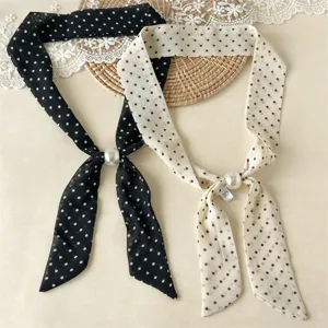 Korean style polka dot slim silk scarf necklace with pearl buckle elegant vintage necktie women