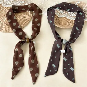 Vintage beaded silk scarf necklace for women, Korean style narrow long neckerchief chic.