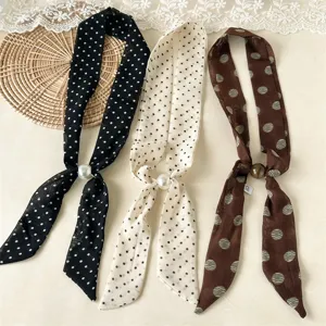 Korean style vintage polka dot thin silk scarf necklace with pearl buckle versatile elegant neckerchief