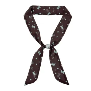Retro brown geometric print narrow silk scarf necklace with marble buckle for women chic neckerchief