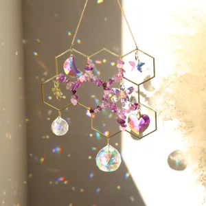 Natural Crystal Stone Honeycomb Sun Catcher Window Hanging Ornament Geometric Metal Frame Rainbow Light Refraction Decor