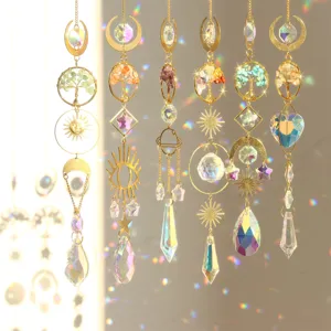 Pastoral K9 Crystal Sun Catcher Hanging Ornament Natural Crushed Stone Tree Of Life Geometric Pendant For Window Garden Home Decor