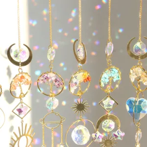 Crystal suncatcher hanging prism pendant with natural crystal chips, gold tree of life design.