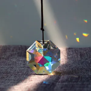 Close-up detail of a multi-faceted crystal suncatcher reflecting vibrant rainbow light.