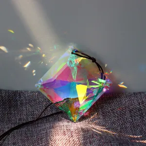 Stunning close-up of a large crystal suncatcher pendant reflecting vibrant rainbow lights.