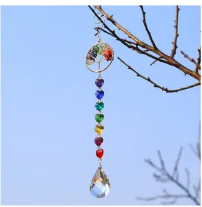 Crystal suncatcher hanging pendant with life tree design, colorful heart beads and teardrop prism.