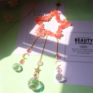 Crystal suncatcher pink star pendant with hanging chains and crystal balls for window garden decor.